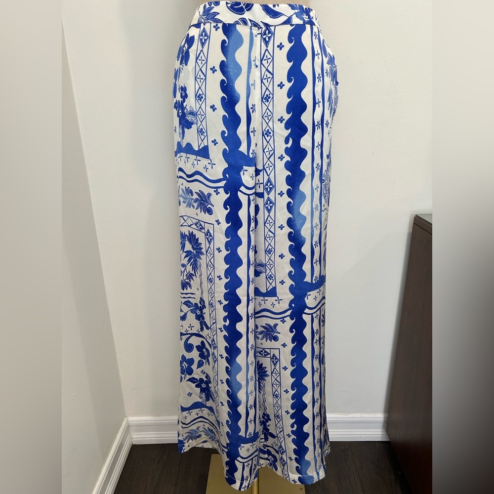 JOIE - Wide Leg Pattern Print 100% blue white Silk Pants Amalfi Vibes L